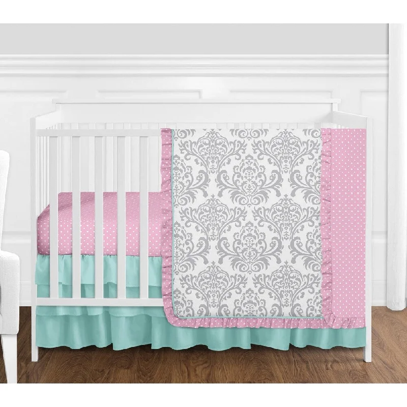 Sweet Jojo Designs Pink and Turquiose Skylar Damask Collection 4-piece Bumperless Crib Bedding Set