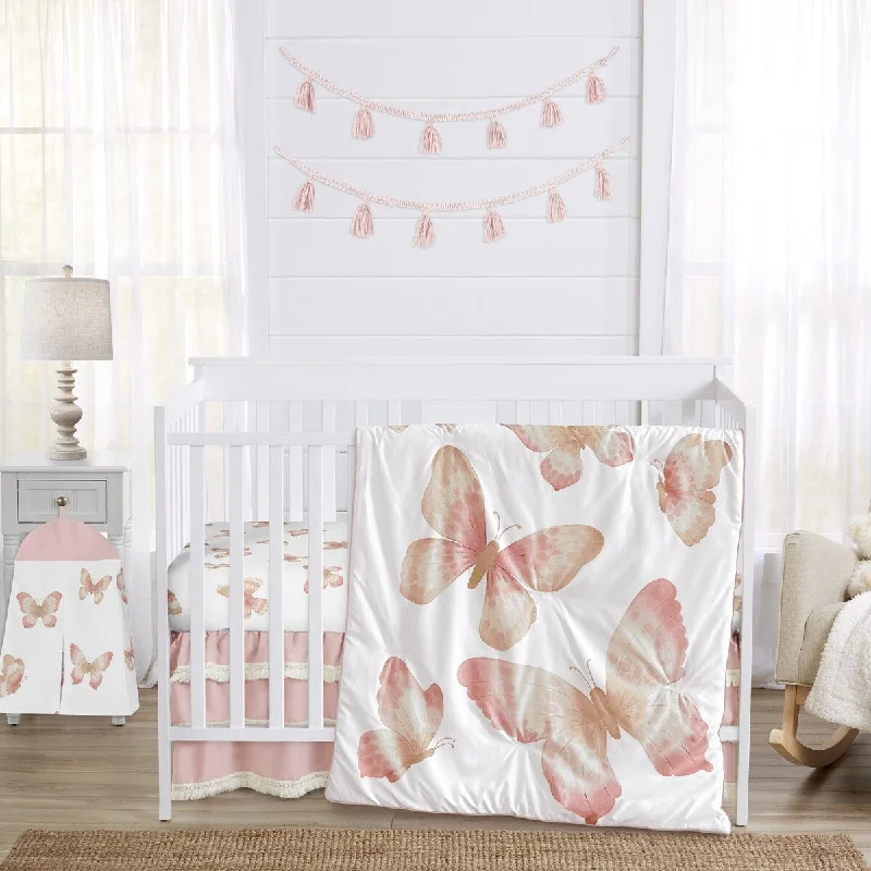 Sweet Jojo Designs Pink Taupe Boho Butterfly Girl 4p Nursery Crib Bedding Set Ivory Tan Bohemian Shabby Chic Watercolor Fringe