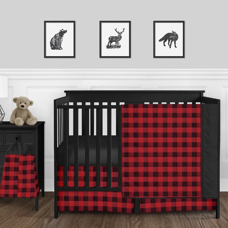 Sweet Jojo Designs Woodland Buffalo Plaid Check Boy 4-piece Nursery Crib Bedding Set - Red and Black Rustic Country Lumberjack