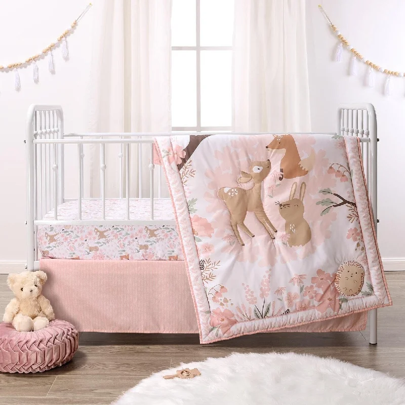 The Peanutshell Pink and White Fairytale Forest Crib Bedding Set for Baby Girls, 3 Piece Nursery Set