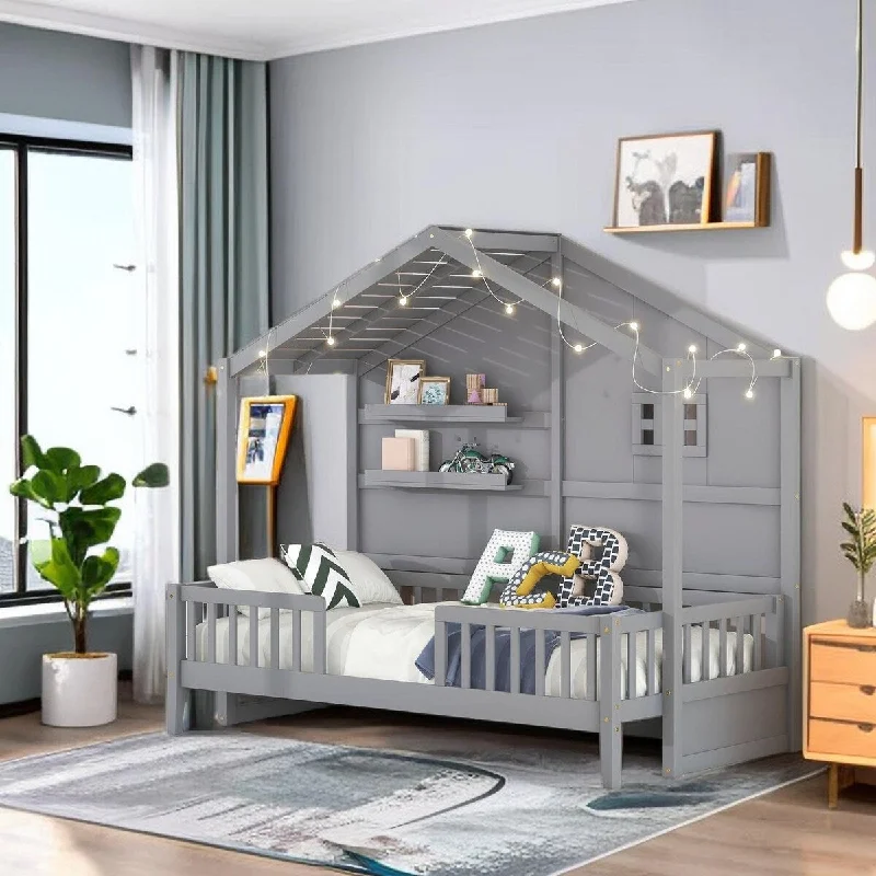 Twin Size Bed with Shelves and Lights, Daybed Wood Platform Bed Frame