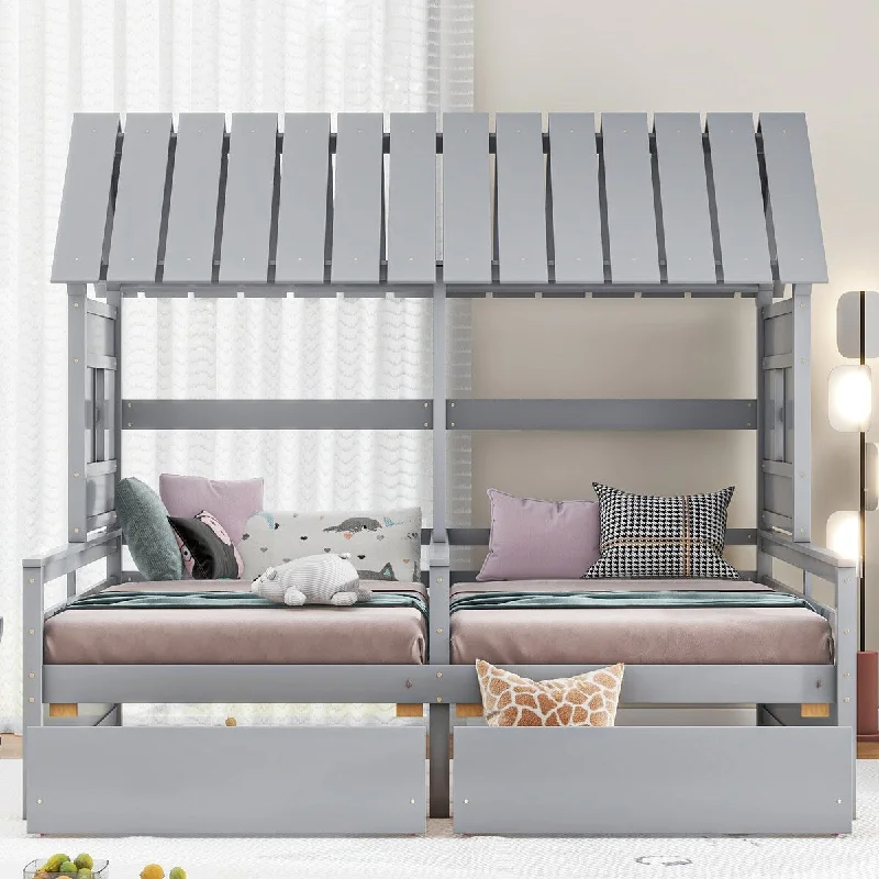 Twin Size House Platform Beds, Double Shared Bed with 2 Drawers