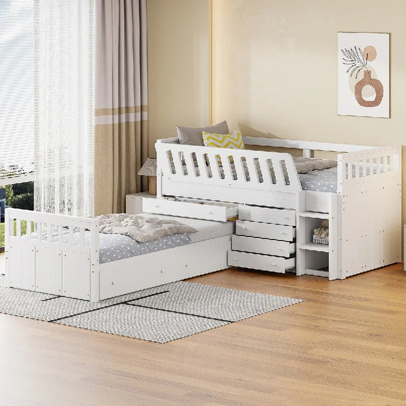 Twin Size L-Shaped Low Loft Bed Frame with 7 Drawers and Full Guardrails, Solid Wood Kids Platform Bed, White