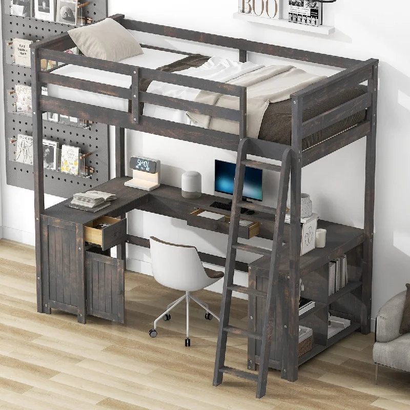 Twin Size Loft Bed with U-shaped Desk, Wooden Bed with Drawers and Storage Shelves, Platform Bed with Ladder, Antique Brown