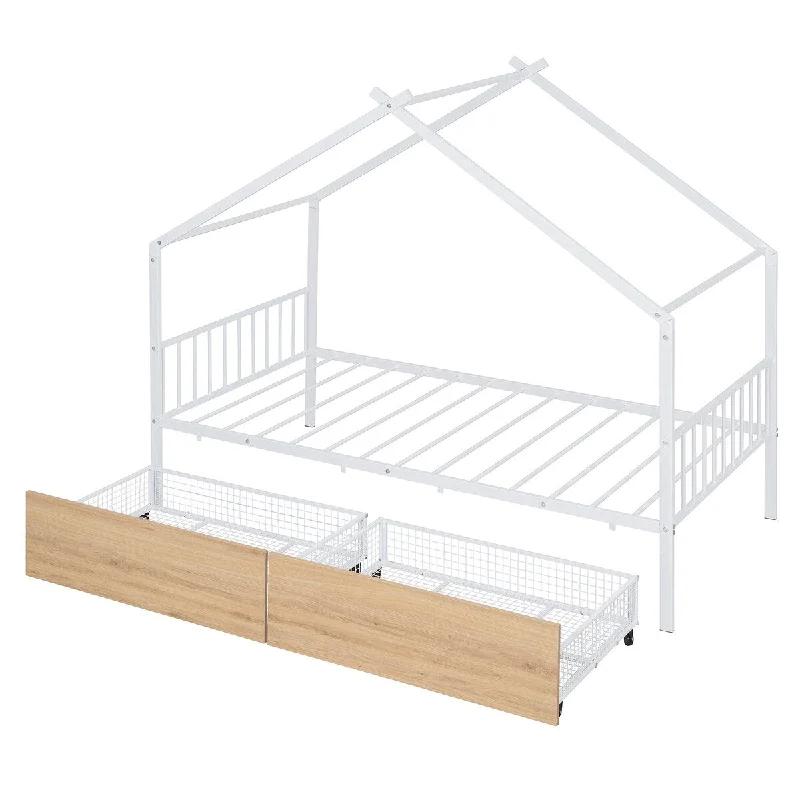 Twin Size Metal House Bed with Two Drawers, White