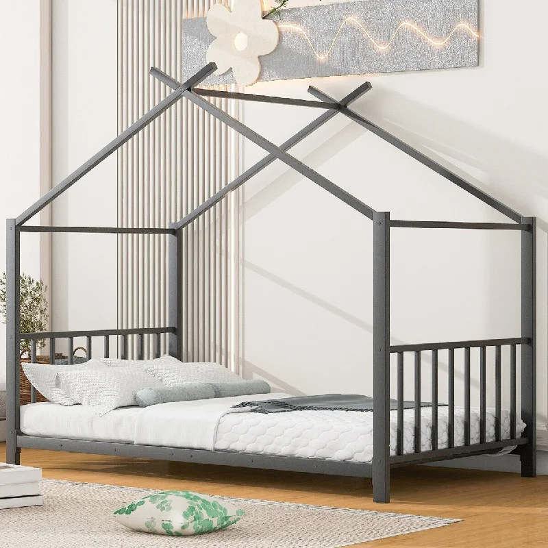 Twin Size Metal House Platform Bed Frame with Roof for Kids Boys Girls, Stylish Montessori Bed with Strong Metal Slats Support