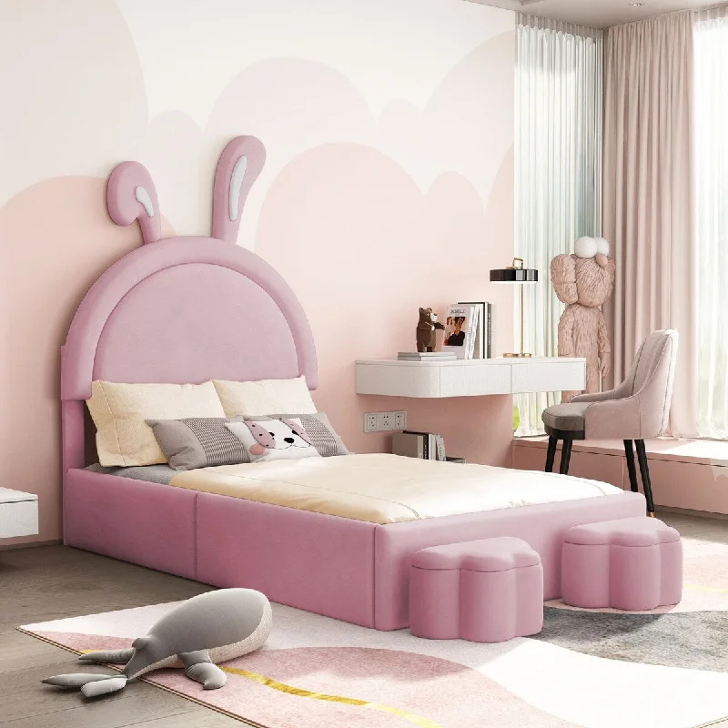 Twin Size Velvet Upholstered Bed with Rabbit Ears Shaped Headboard, Kids Cute Bed Frame, Platform Bed with 2 Storage Stools,Pink