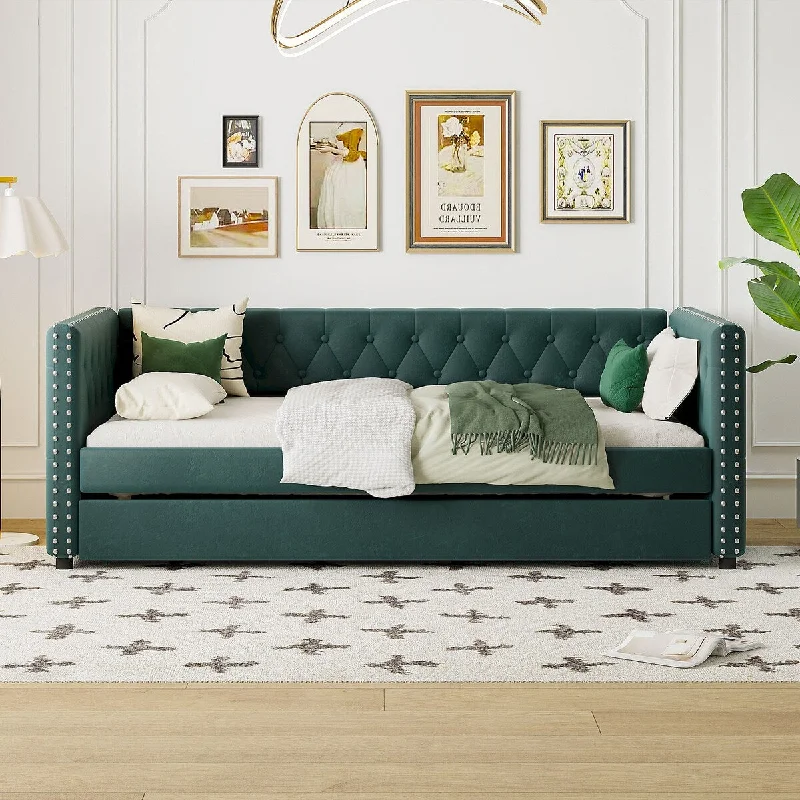 Twin Tufted Upholstered Velvet Daybed w/Trundle & Rivet Design, Green