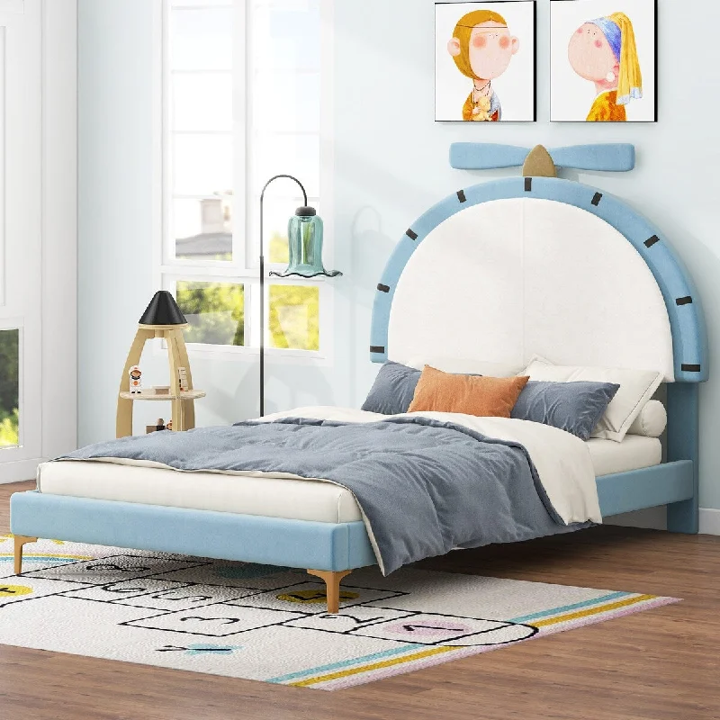 Upholstered Platform Bed with Alarm Clock Shaped Velvet Headboard, Cute Bed Frame with Wooden Slats Support for Kids