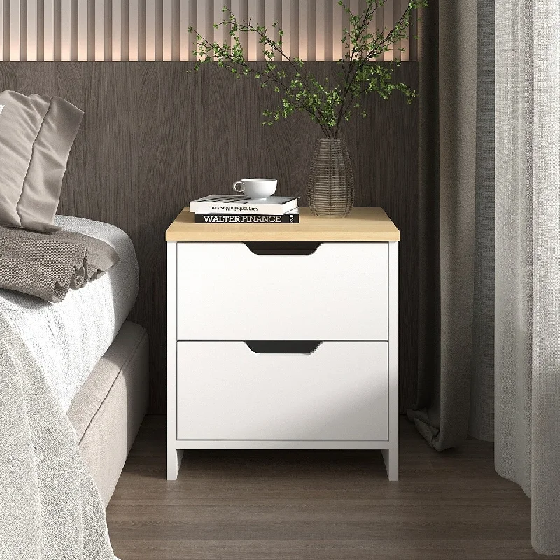 White/Beige 2-Drawer Nightstand with Versatile Design - American Country Style - Ideal for Bedrooms and Living Rooms