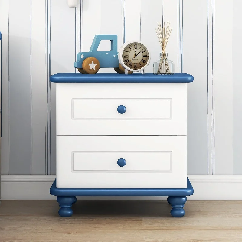 White + Blue Wooden Nightstand with Two Drawers for Kids End Table for Bedroom