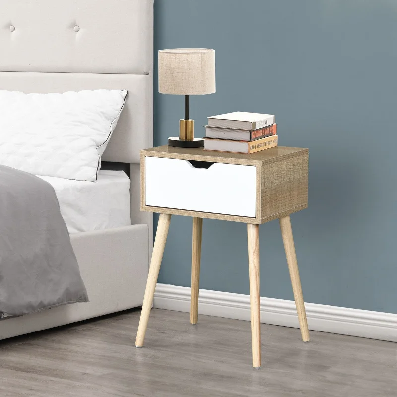 White solid wood Bedside Cabinet with 1 Drawer and Rubberwood feet Natural MDF