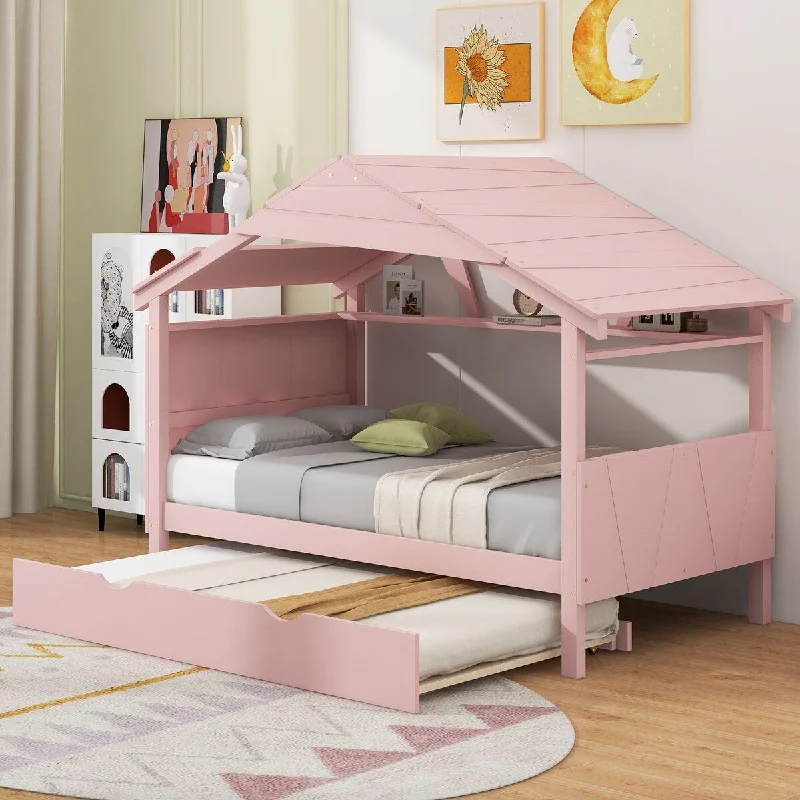 Wood Twin Size House-shaped Bed with Trundle, Platform Bed with Storage Shelf, Pink