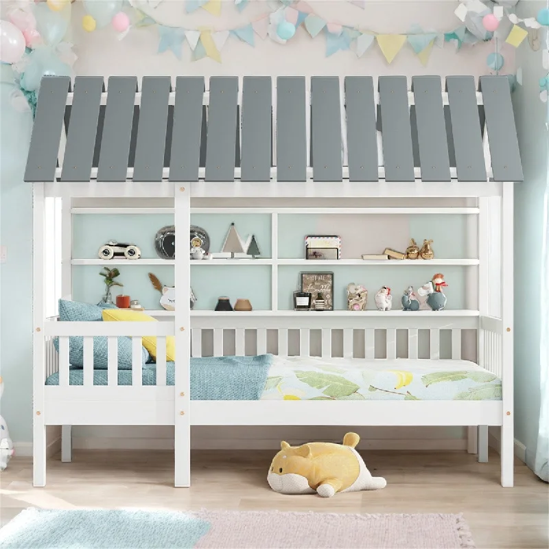 Wooden Twin Size House Bed with Roof, Kids Bed with Guardrail and 2-Tier Storage Shelves