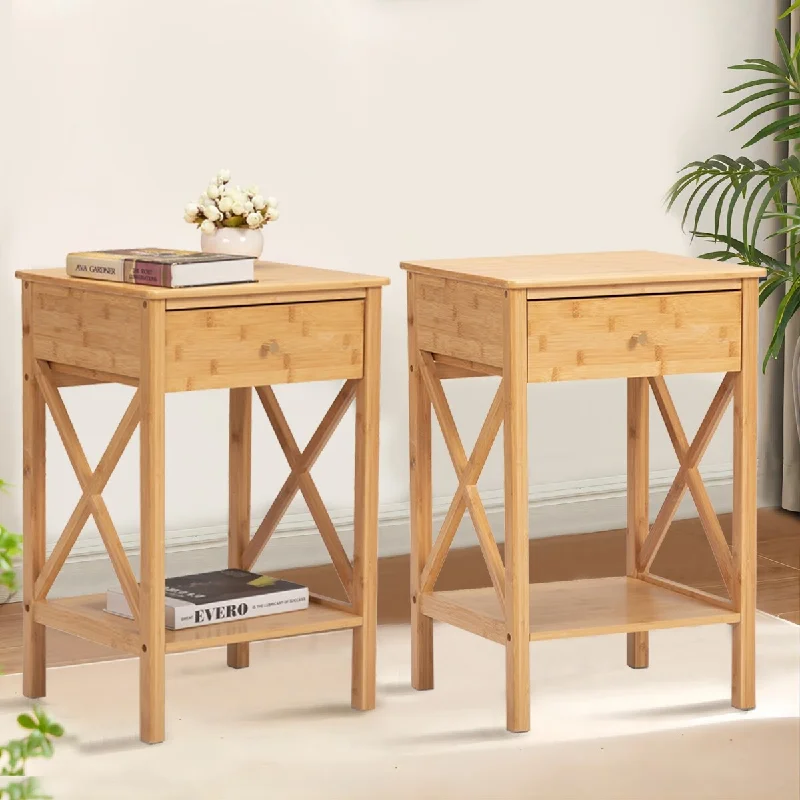 1-Drawer Natural Bamboo End Side Table Nightstand With Storage Shelf 13.78 in. W x 15.75 in. D x 23.82 in. H (Set of 2)