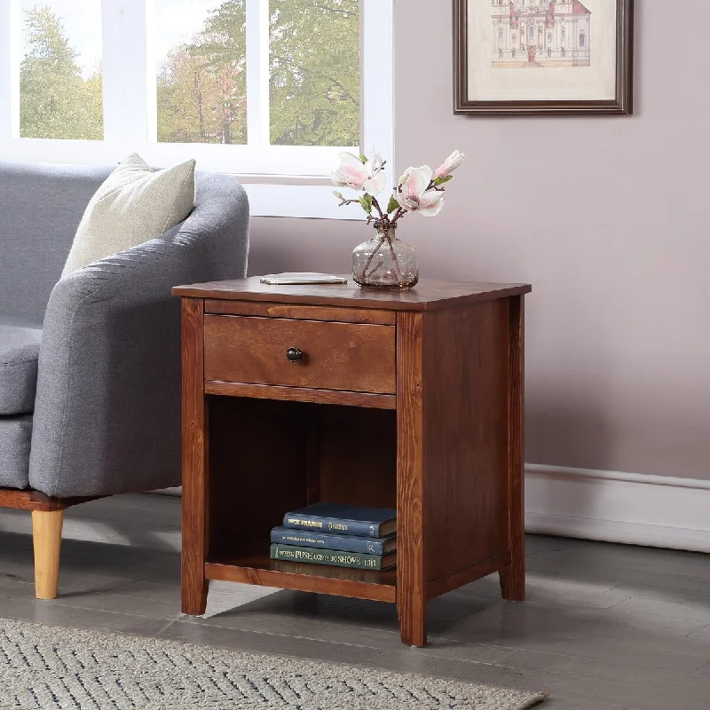 1 Drawer Nightstand Solid Wood, Traditional Design Accent Table Ball Bearing Glides Open Shelf