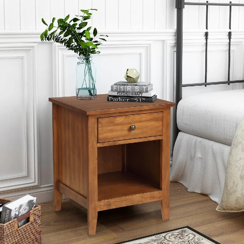 1 Drawer Nightstand Solid Wood, Traditional Design Accent Table With Open Shelf Ball Bearing Glides