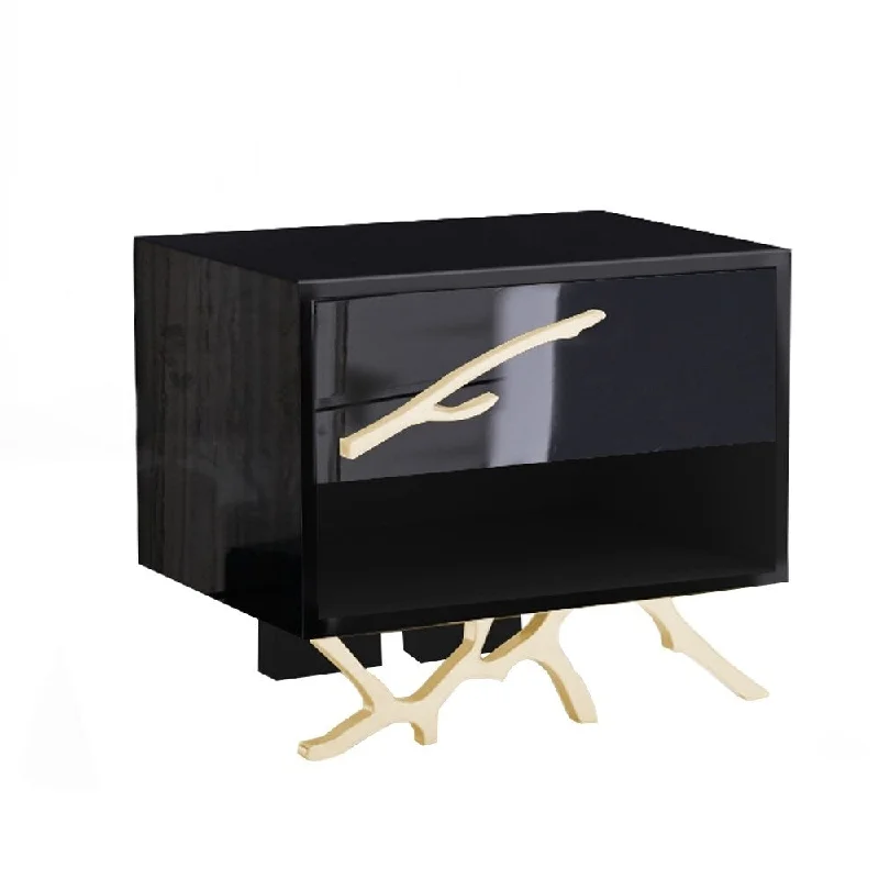 1 Drawer Wooden Nightstand with Metal Legs and Accents, Black and Gold