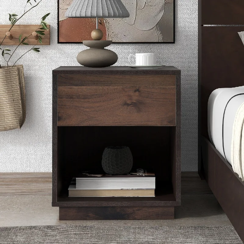 15.7" Mid-Century Modern One Drawer Nightstand with Dark Brown Walnut Finish and Open Storage