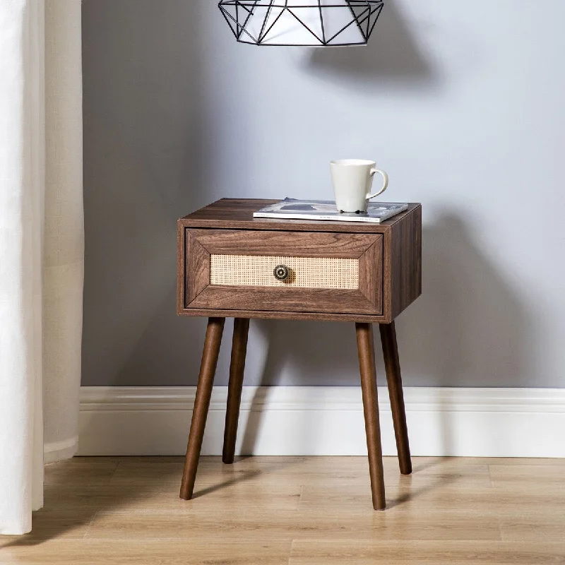 17.7" Rattan Design 1-Drawer Nightstand with Metal Hardware Decorated