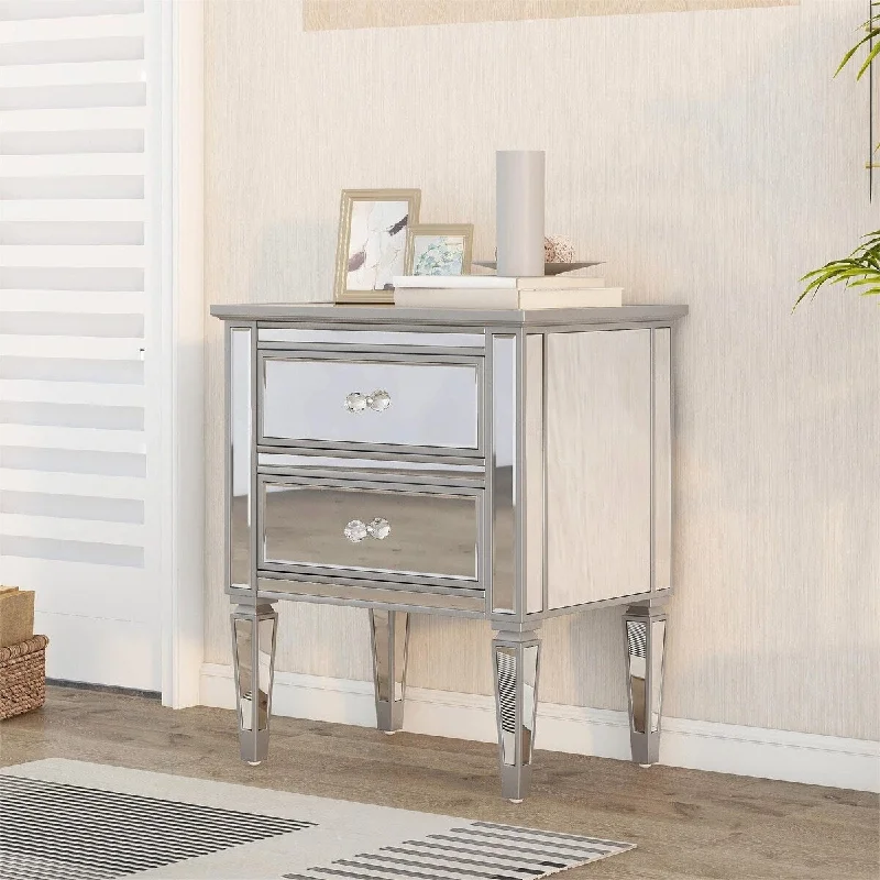 2-Drawer Mirrored Nightstand in Silver