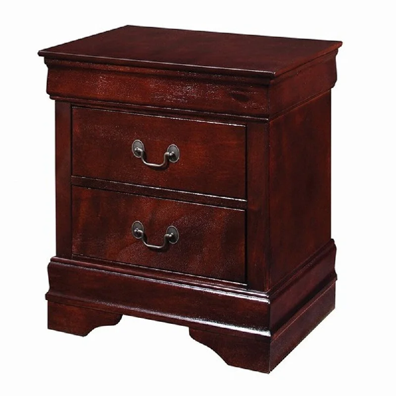 2 Drawer Nightstand with Hanging Pulls and Bracket Feet, Cherry Brown