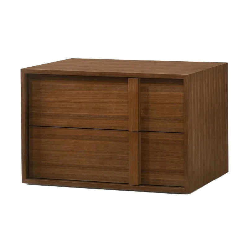 2 Drawer Nightstand with Integrated Wooden Pull, Walnut Brown