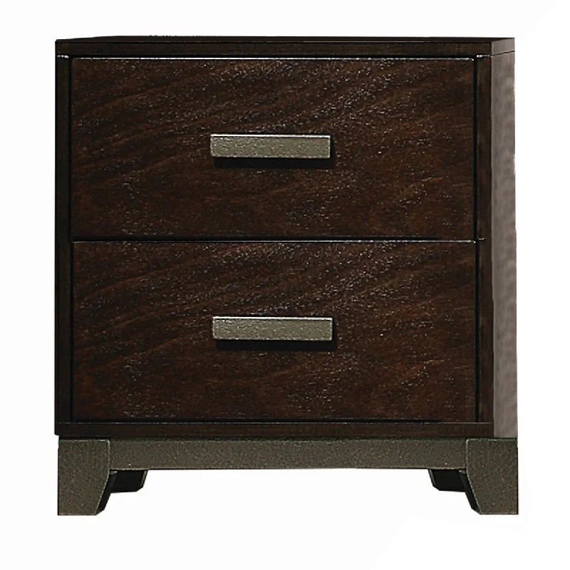 2 Drawer Nightstand with Metal Trim Base and Chamfered Feet, Brown