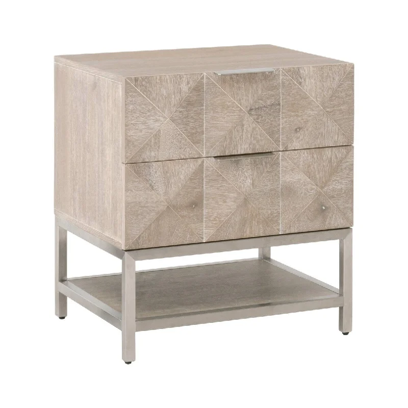 2 Drawer Wooden Nightstand with Diamond Pattern, Weathered Gray