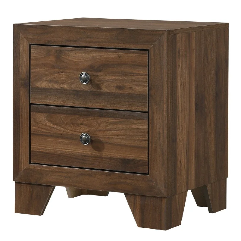 2 Drawer Wooden Nightstand with Grain Details and Metal Knobs, Brown