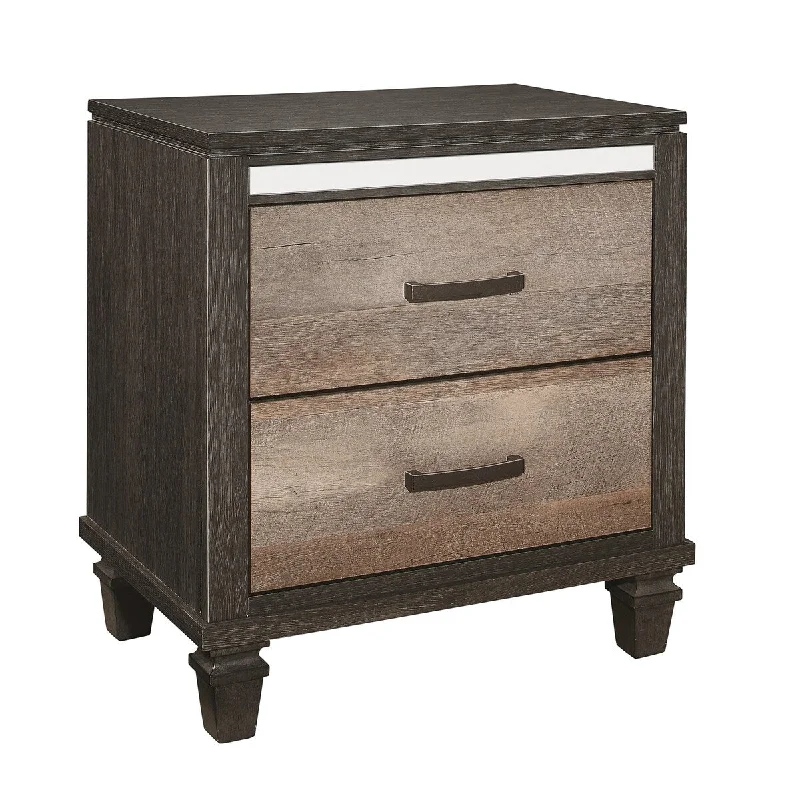 2 Drawer Wooden Nightstand with Grain Details and Mirror Trim, Brown