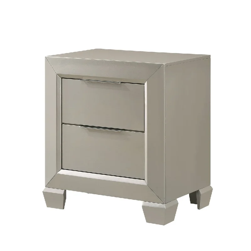 2 Drawer Wooden Nightstand with Horizontal Pull and Bracket Feet, Silver