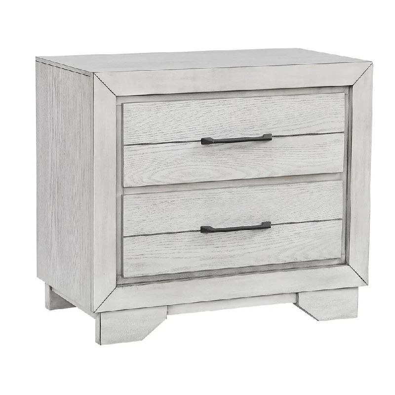 2 Drawer Wooden Nightstand with Metal Bar Pulls and Chamfered Feet, White