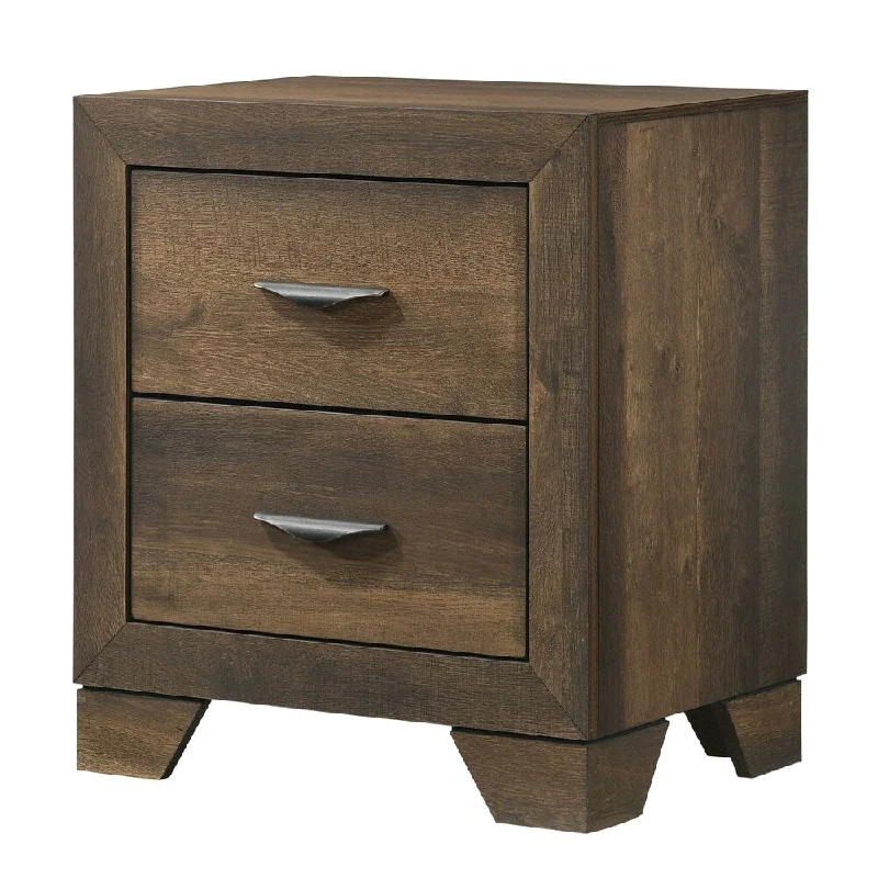 2 Drawer Wooden Nightstand with Metal Carved Pulls and Bracket Feet, Brown