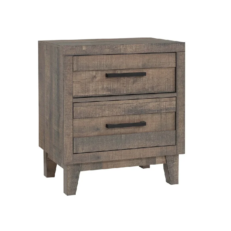 2 Drawer Wooden Nightstand with Plank Style Fronts and Bar Handles, Brown