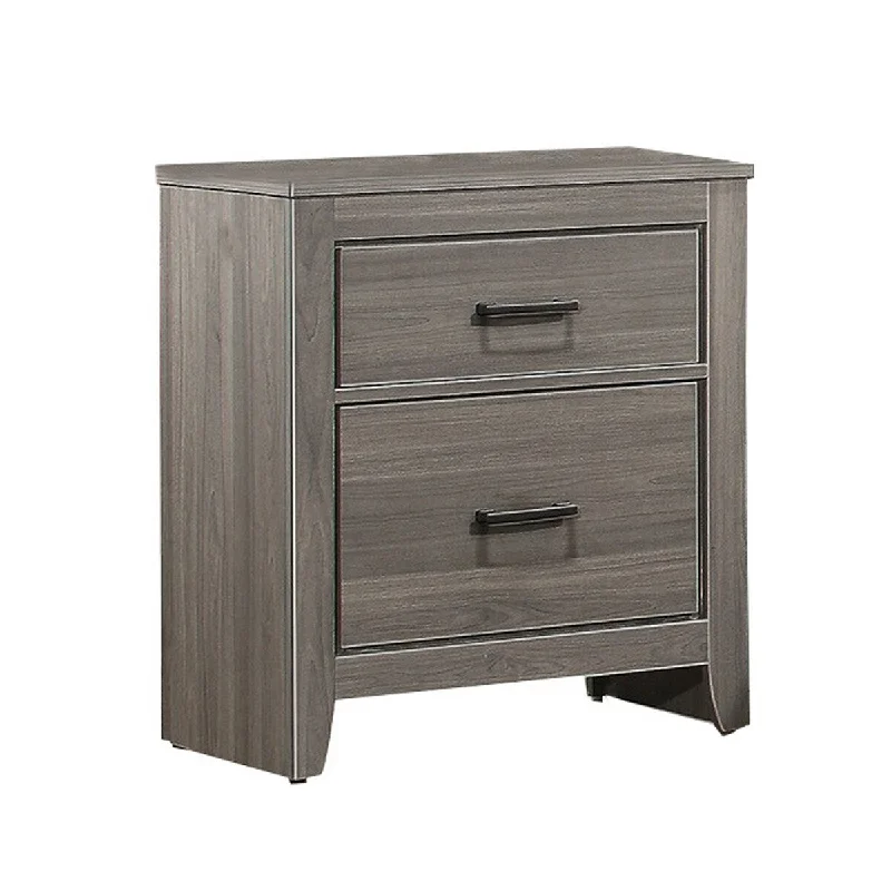 2 Drawer Wooden Nightstand with Wood Grain Details and Sled Base, Gray