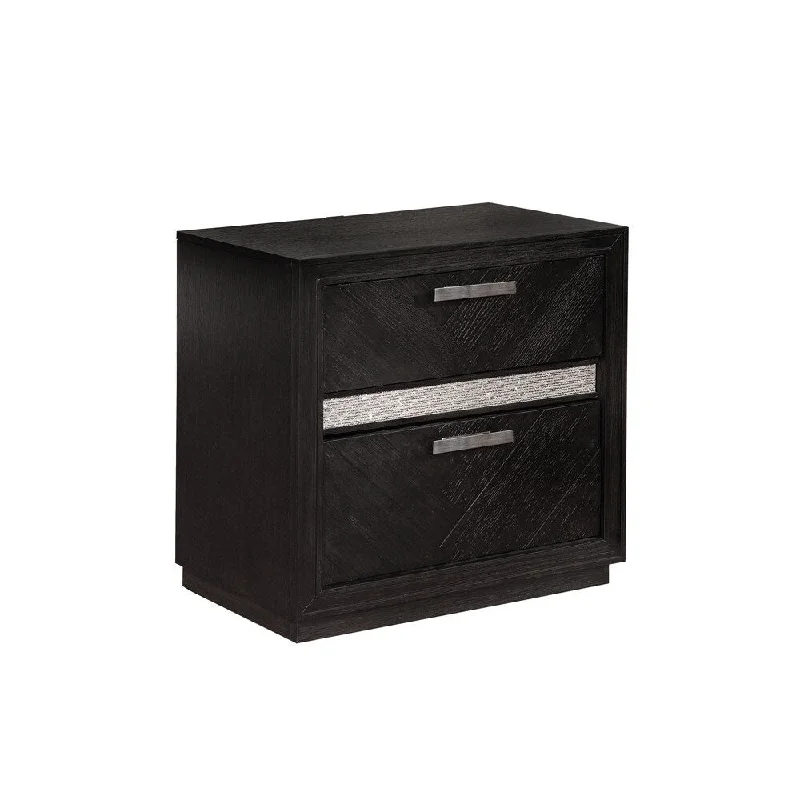 2 Drawers Chevron Planked Nightstand with Crystal Accents, Dark Gray