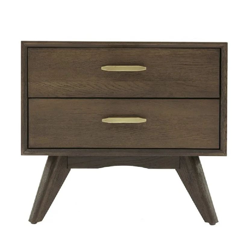 2 Drawers Nightstand with Antique Brass Handles, Oak Brown