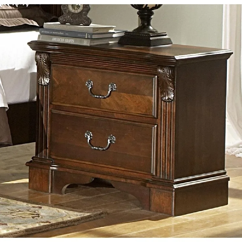 2 Drawers Wooden Night Stand with Antique Handles Cherry Brown