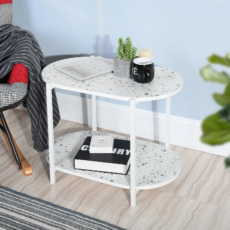 24 inch Oval Marble Veneer Small 2-Tier Oval Nightstand for Indoor Balcony