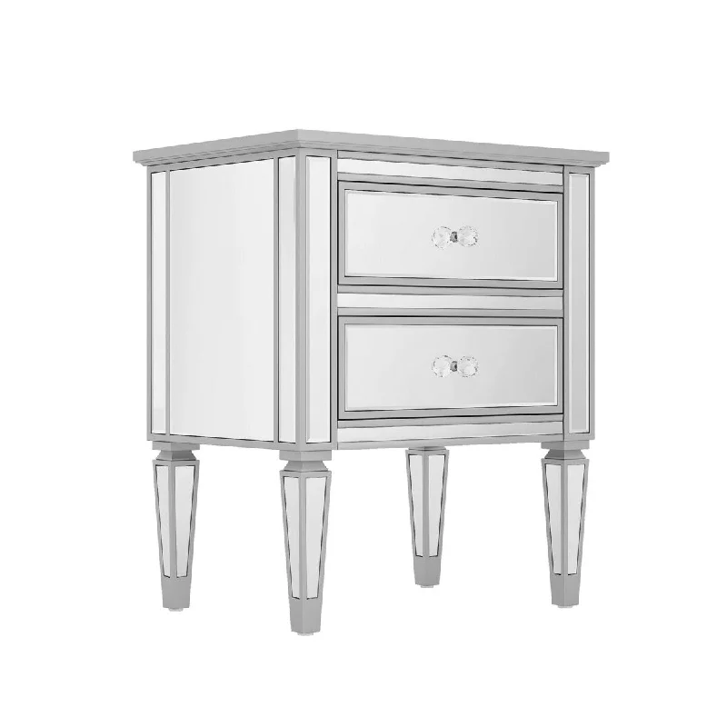 28 Inch Modern Nightstand with 2 Drawers, Mirrored Accent Plating, Silver