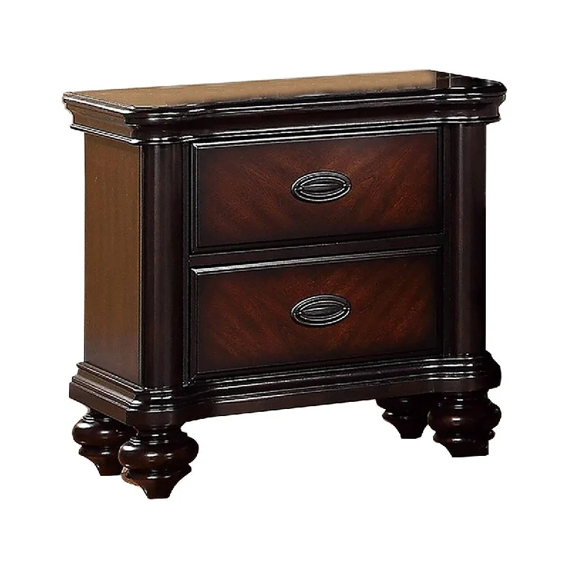 28 Inches 2 Drawer Wooden Nightstand with Turned Legs, Brown