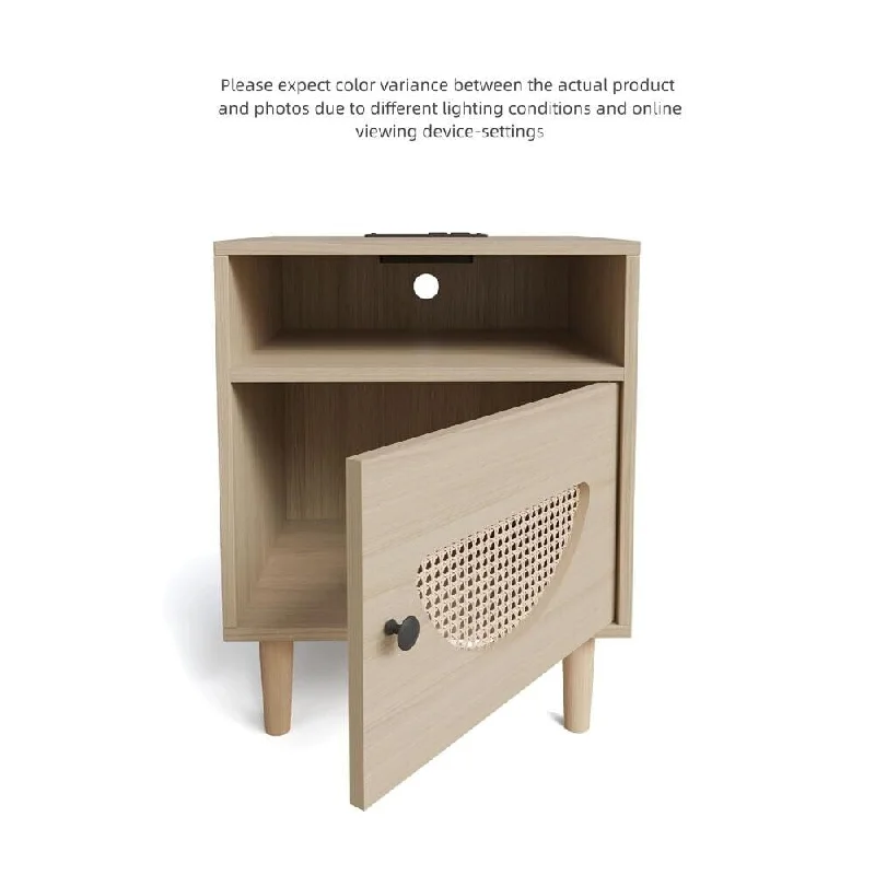 2pcs Natural Rattan Nightstand with Charging Station