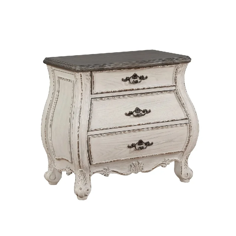 3 Drawer Nightstand with Carving and Cabriole Feet, White and Brown