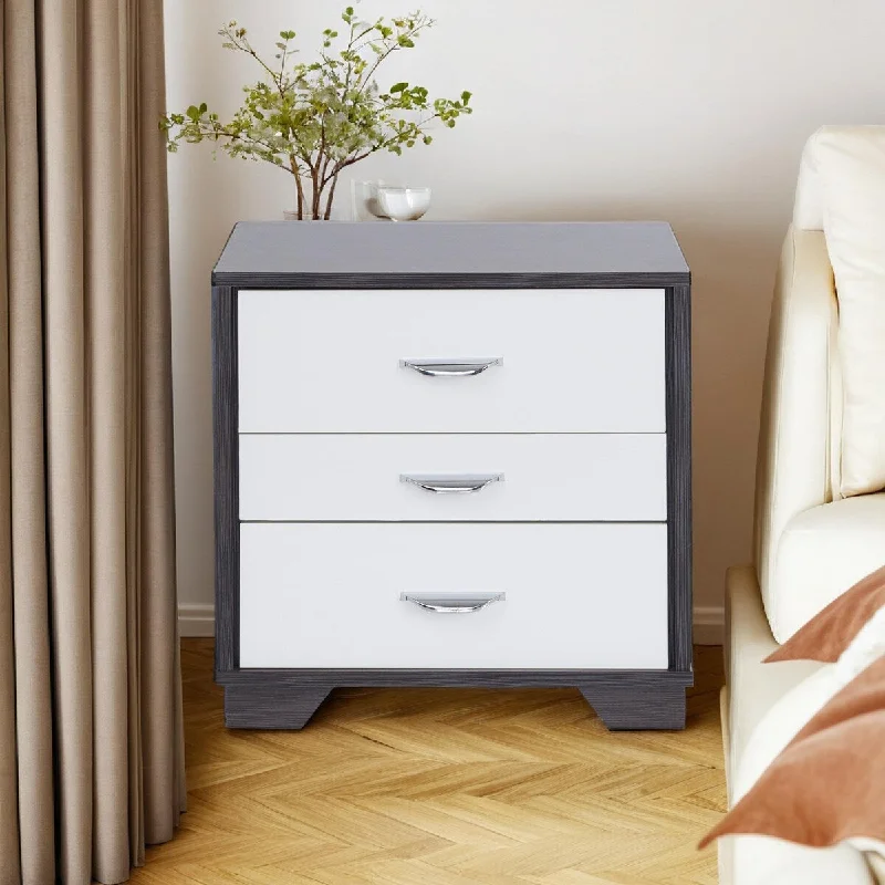 3 Drawers Nightstand in White MDF Wood Finish includes Hardware