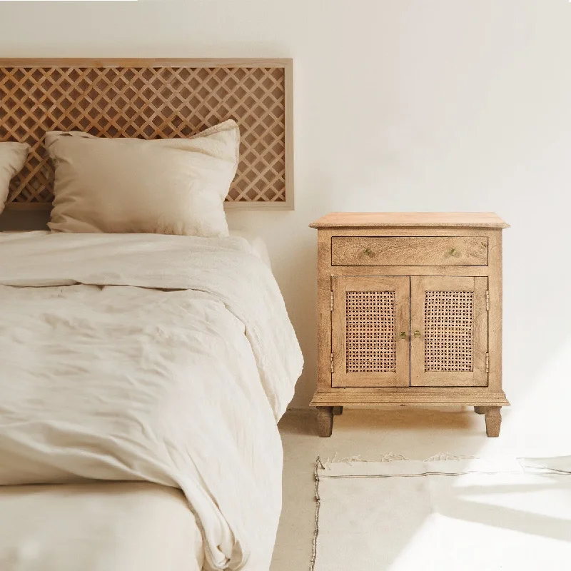 30 Inch Nightstand Table, Rattan Cabinet Doors and Drawer Fronts, Sandblasted Brown Mango Wood