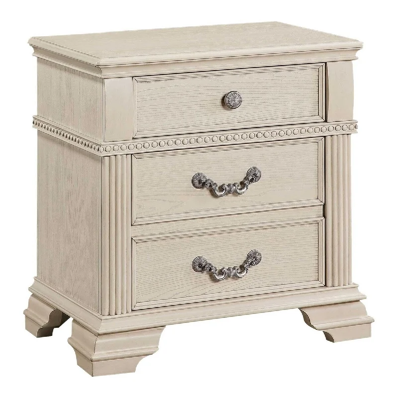 Akia 28 Inch Traditional 3 Drawer Nightstand, Metal Knobs, Crisp White