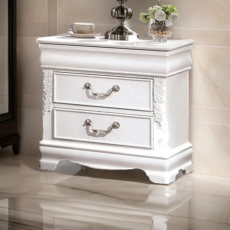 Aleci 24 Inch Nightstand, 2 Drawers, Carved Details, Solid Wood, White