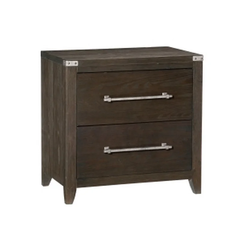 Bery 28 Inch 2 Drawer Nightstand, Mottled Silver Metal Handles, Dark Brown