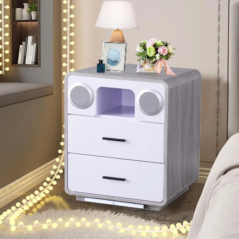 BOSCARE Radio Style Smart Nightstand Bluetooth Speakers Wireless Charging USB Ports w/Sensor Light